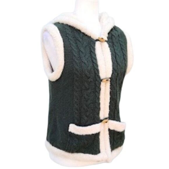 Carducci Cable Knit Green Vest Cream Faux Fur Trim Lined Hood Women’s Size Large - Picture 10 of 11